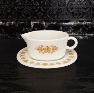 Pyrex Butterfly Gold Gravy Boat And Saucer , Vintage Floral Pyrex Sauceboat